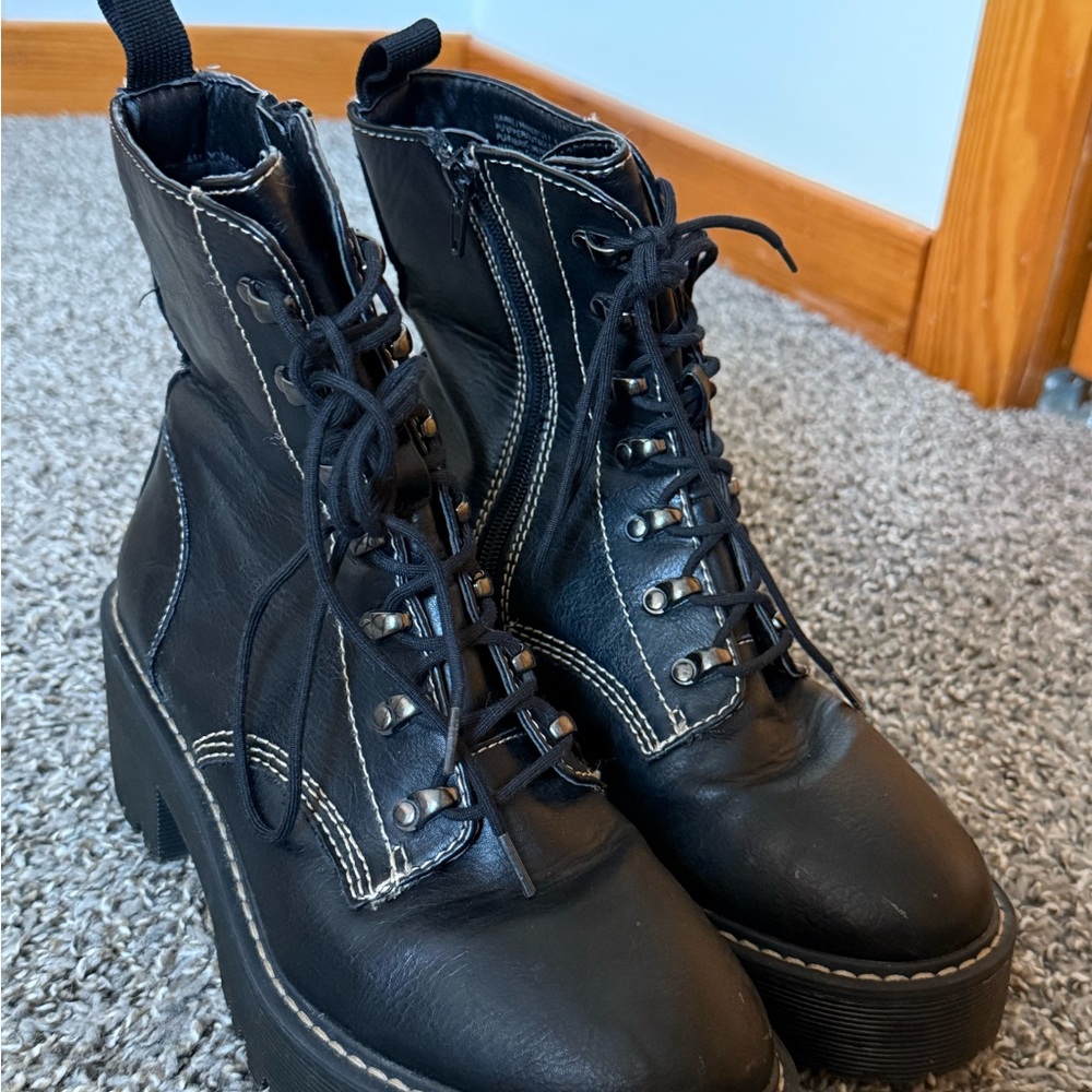 Chunky Black Platform Combat Boots - Size 9.5